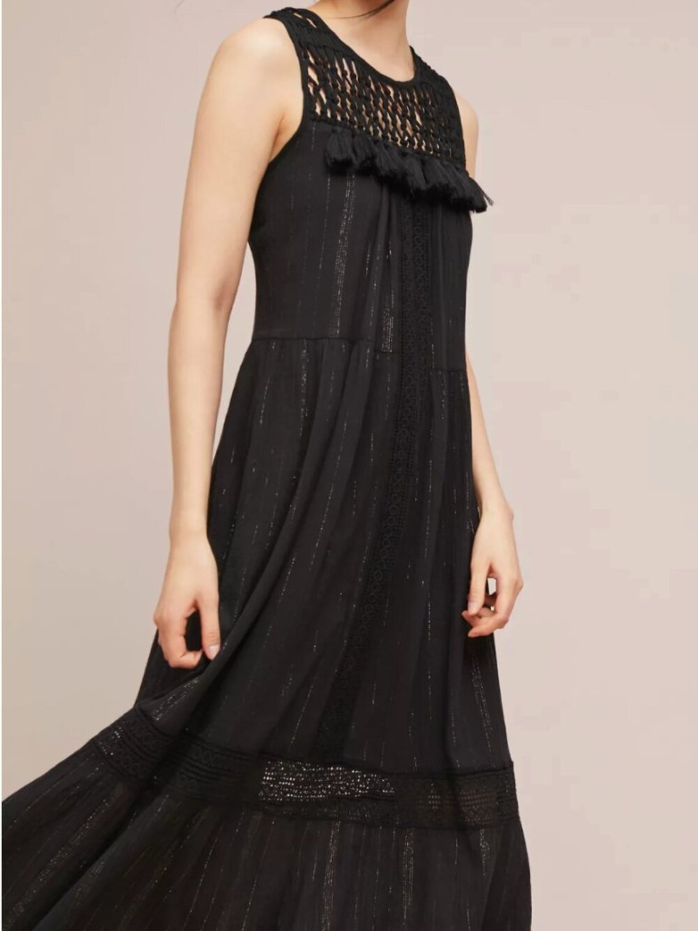 Maeve Anthropologie Abilene Maxi Dress S Black Metallic Crochet Tassel Boho
